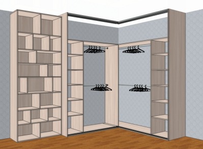 Проект углового встроенного шкафа купе с открытым стеллажом - вид 7 миниатюра