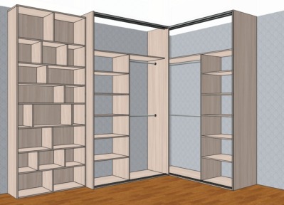 Проект углового встроенного шкафа купе с открытым стеллажом - вид 9 миниатюра